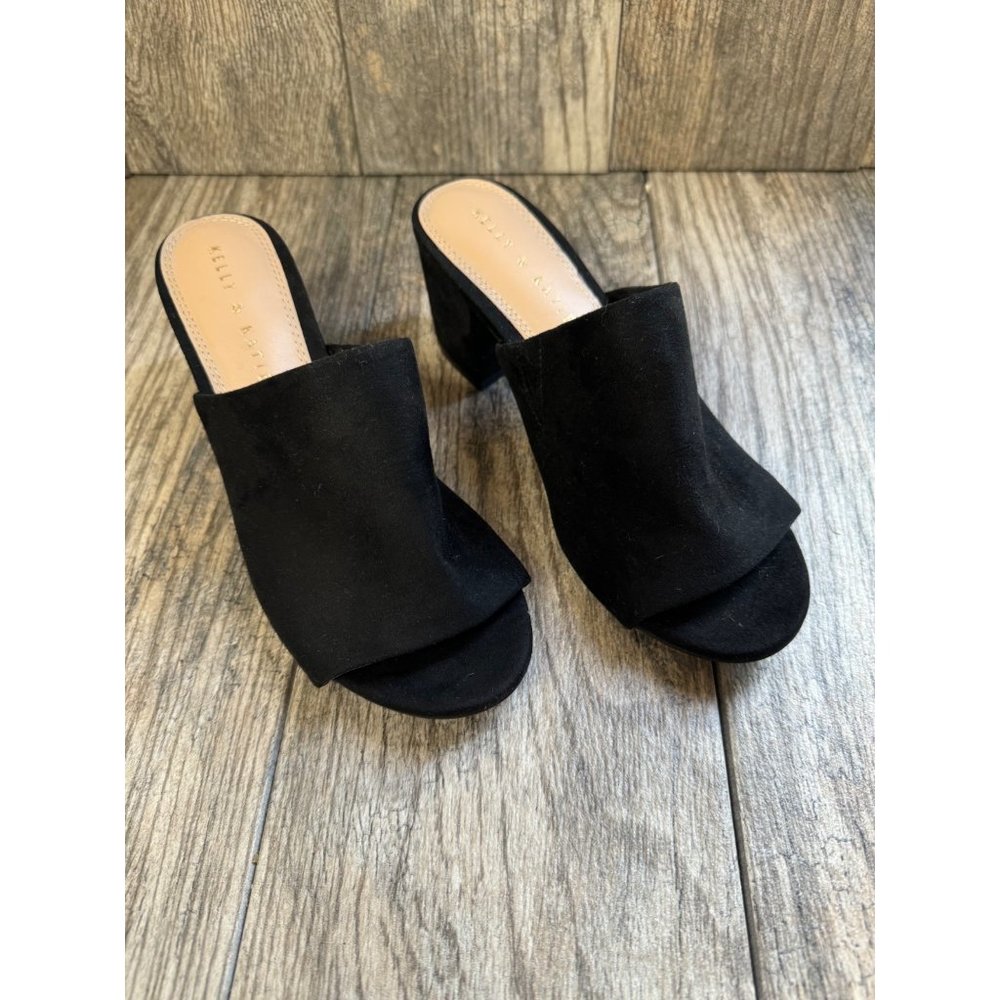 KELLY & KATIE Borea Black Faux Suede Mule Size 8 Block Heel Open Toe Shoes